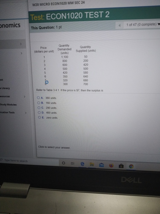 W20 MICRO ECON 1020 MW SEC 24 Test: ECON1020 TEST 2 onomics 1 of 47 (0 complete) This Question: 1 pt Price (dollars per unit)