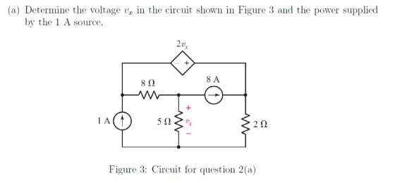 (a) Determine the voltage vz in the circuit shown in Figure 3 and the power supplied by the 1 A source. 24 8 A 8Ω 2Ω Figure 3: Circuit for question 2(a)
