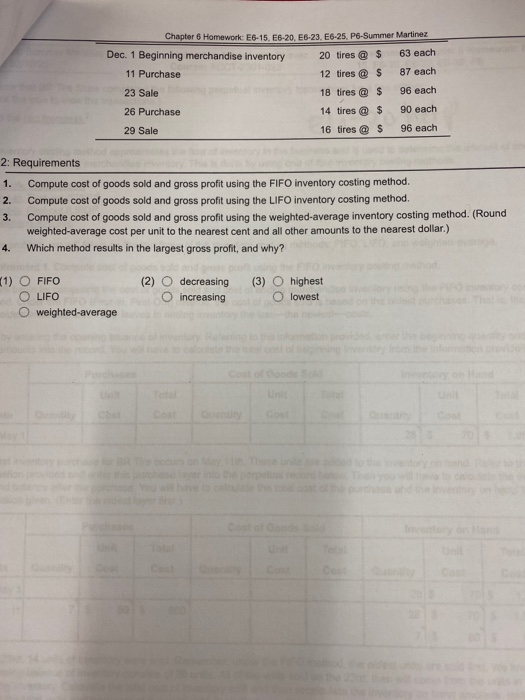 Chapter 6 Homework: E6-15, E6-20, E6-23, E6-25, P8-Summer Martinez Dec. 1 Beginning merchandise inventory 20 tires @ $ 63 eac