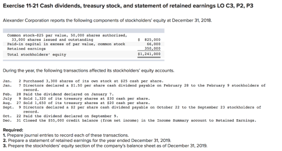 Exercise 11-21 Cash dividends, treasury stock, and statement of retained earnings LO C3, P2, P3 Alexander Corporation reports