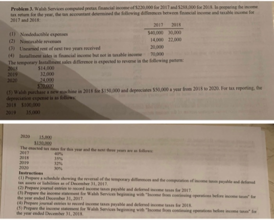 Problem 3. Walsh Services computed pretax financial income of $220,000 for 2017 and 5288,000 for 2018. In preparing the incom