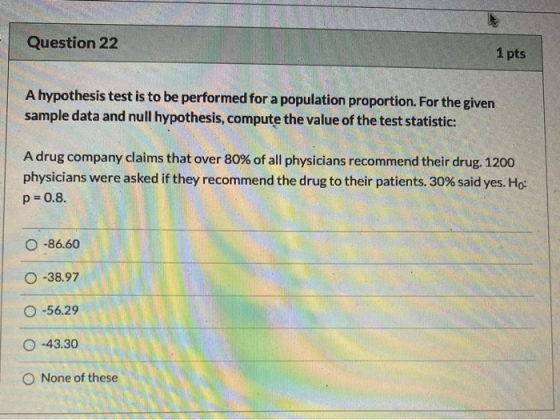 Question 22 1 pts A hypothesis test is to be performed for a population proportion. For the given sample data and null hypoth