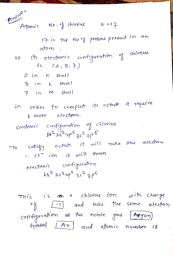 Answer S Atomic Mo. of chlorine 2017 AVEC NO 17 is the no. of protone present in an atom. so its electronic configuration ion