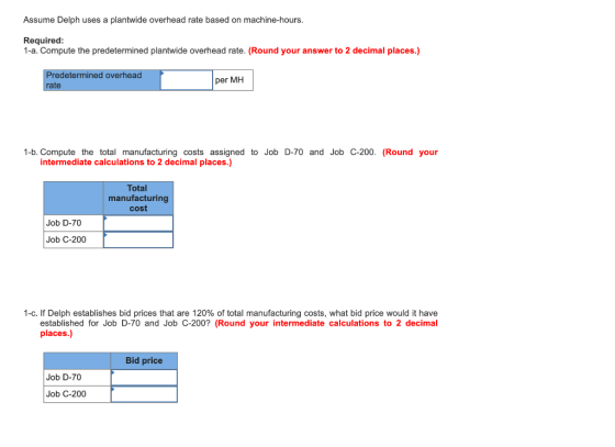 Assume Delph uses a plantwide overhead rate based on machine-hours. Required: 1-a. Compute the predetermined plantwide overhe