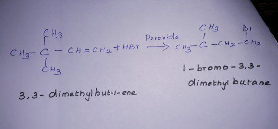 СН3 Peroxide 973 Br — Сн,- C-CH2-CH2 CH - C-CH=CH2 + HBY снэ 1- bromo-3,3- dimethyl burane 3,3-dimethyl but-i-ene