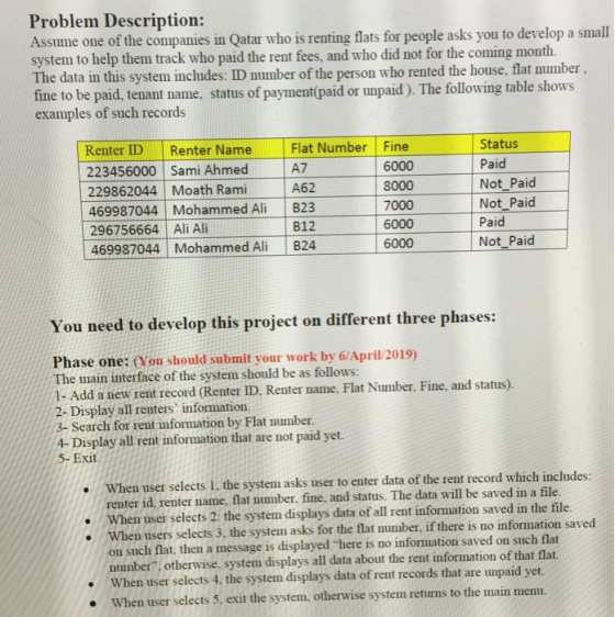 Problem Description: Assume one of the companies in Qatar who is renting flats for people asks you to develop a small system