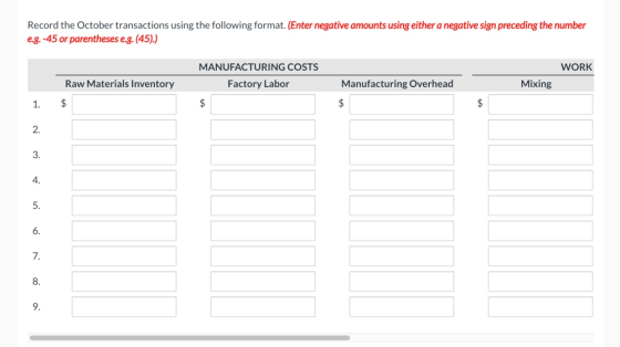 Record the October transactions using the following format. (Enter negative amounts using either a negative sign preceding th