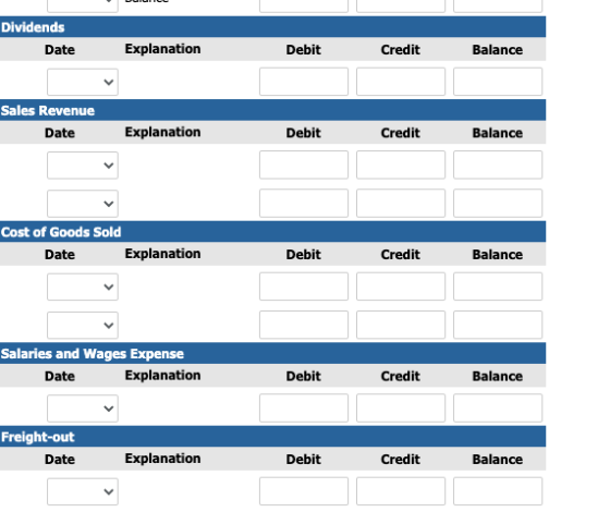 Dividends Date Explanation Debit Credit Balance Sales Revenue Date Explanation Debit Credit Balance Cost of Goods Sold Date E