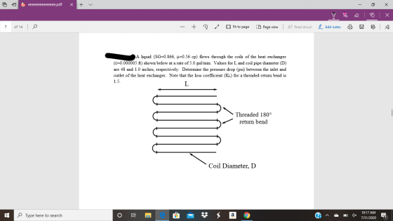 65 в ееееееееееееее.pdf x + v 7 FA a BX 7 of 14 + O Fit to page IL Page view AV Read aloud Add notes OP A liquid (SG=0.866, u