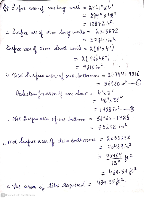Sul; Surface aurea in Total Surface area of e of one long wall = 241x4 = 209x48 = 13872 ina. ri Surface are of two long