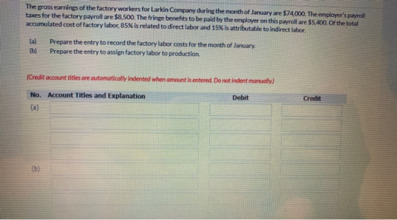 The gross earnings of the factory workers for Larkin Company during the month of January are $74,000. The employers payroll