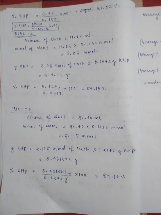 69X. 89.027 1. HP X100 Avarage 0.43 0.483 %k HP 28KH x 100 8 sample TRIAL-2 NaOH 2 mmol NaoH volume of 2 19.85 ml mol of 2 19