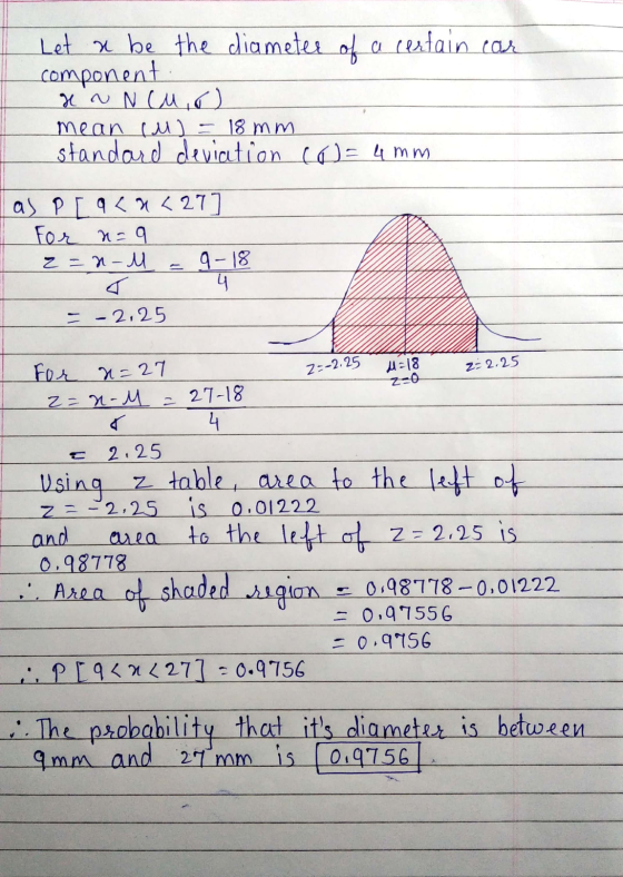 Let u be the diameter of a certain car component HNN cuo mean (u) 18 mm standard deviation co= 4mm as P [ 9 < x <27] For n=9