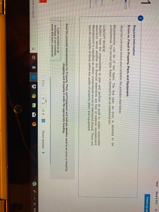 Help Save & Exit Su Check my wc Required information Errors vs. Fraud in Property. Plant, and Equipment 1 of 2 Read the overv