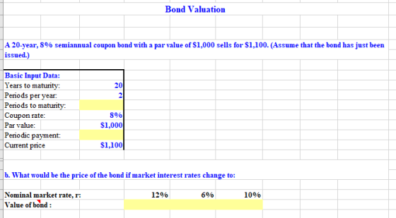 Bond Valuation A 20-year, 8% semiannual coupon bond with a par value of $1,000 sells for $1,100. (Assume that the bond has ju