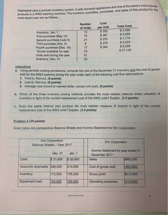 Walmarket uses a periodic Inventory system. It sells domestic appliances and one of the stores most popular products is a WM