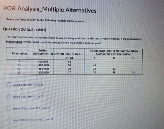 ROR Analysis_Multiple Alternatives Select the best answer to the following multiple choice question. Question 20 (6.5 points