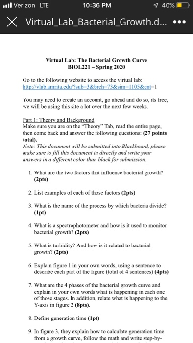 ..Il Verizon LTE 10:36 PM 7 40% O X Virtual_Lab_Bacterial_Growth.d... ... Virtual Lab: The Bacterial Growth Curve BIOL221 - S