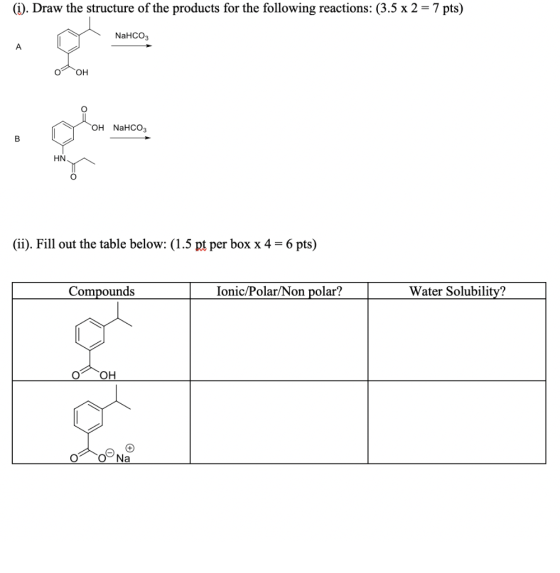(i). Draw the structure of the products for the following reactions: (3.5 x 2 = 7 pts) NaHCO3 OOH Тон NaHCO3 (ii). Fill out t