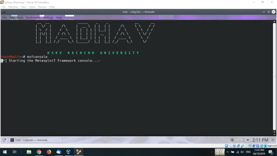 - 2 x a kalinew [Running] - Oracle VM VirtualBox File Machine View Input Devices Help root : ruby.bin - Konsole File Edit Vie