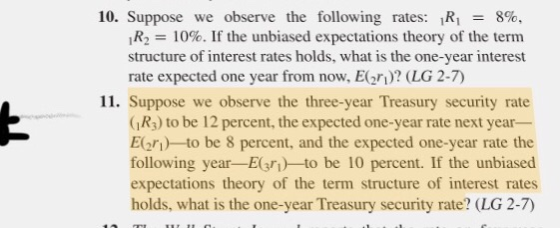10. Suppose we observe the following rates: R1-8%. IR,-- 10%. If the unbiased expectations theory of the term structure of interest rates holds, what is the one-year interest rte expected one year from now. E.(ri)? (LG 2-7) 11. Suppose we observe the three-year Treasury security rate (1R3) to be 12 percent, the expected one-year rate next year- Eori)-to be 8 percent, and the expected one-year rate the following year-Egr)to be 10 percent. If the unbiased expectations theory of the term structure of interest rates holds, what is the one-year Treasury security rate? (LG 2-7)