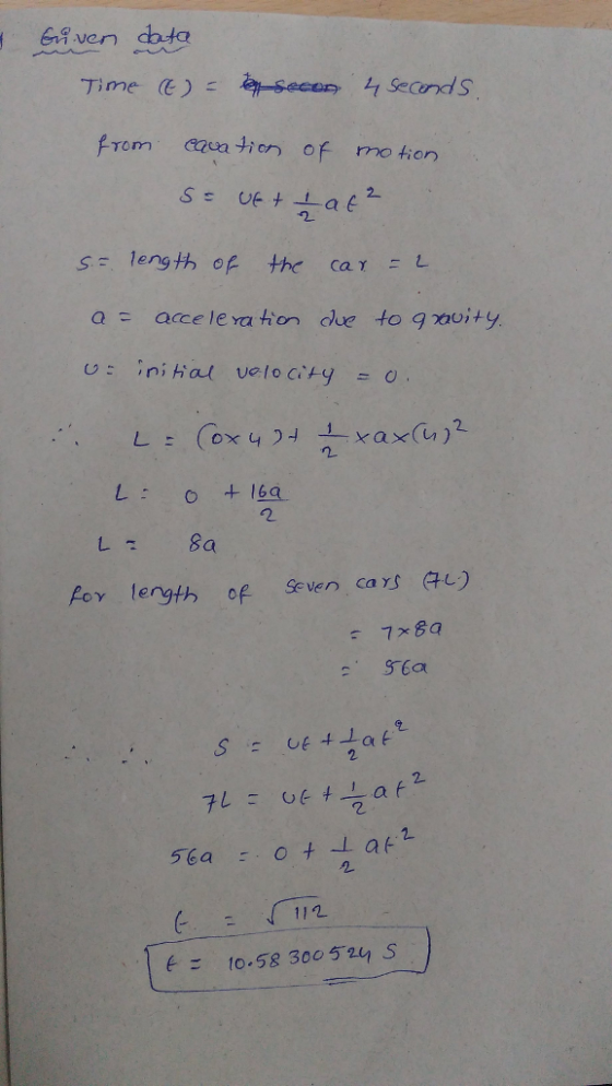 from azuaio of moton 2. s- length of- the ca Y -L a acce leva ton dve to g avity ni al velo cty 2 Foy lergth of Se ven cas GL) 2 2. f10.58 300524 S