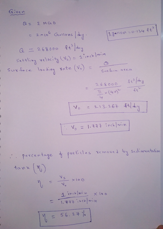 Given 3 2>< (o e Gallons nllon 134 ft = Settling ve DCit Suyface avea 2 6 8000 Lt 0) No inch/min x1。。 チ1.