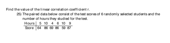 Find the value of the linear correl ation coefficient r. 25) The paired data below consist of the test scores of 6 randomly selected students and the number of hours they studied for the test. Hours | 5 10 4 6 10 9 Score 64 86 69 86 59 87