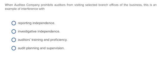 When Auditee Company prohibits auditors from visiting selected branch offices of the business, this is an example of interference with O reporting independence O investigative independence. auditors training and proficiency. O audit planning and supervision