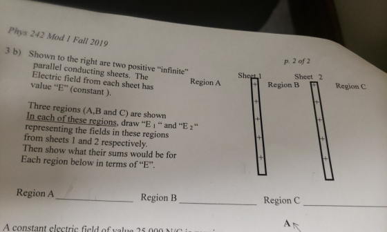 Phys 242 Mod 1 Fall 2019 p. 2 of 2 3 b) Shown to the right are two positive infinite parallel conducting sheets. The Electr