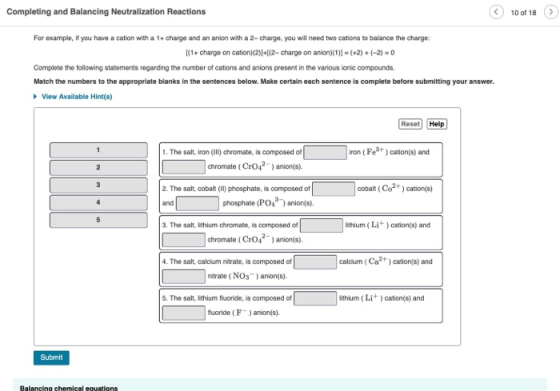 Completing and Balancing Neutralization Reactions 10 of 18 For example, if you have a cation with a 1+ charge and an anion wi