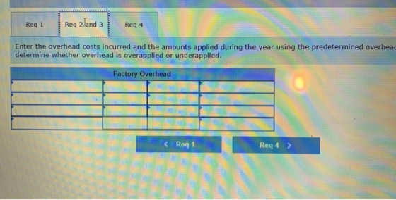 Req 1 STERETETTE Reg zland 3 Req 4 Enter the overhead costs incurred and the amounts applied during the year using the predet