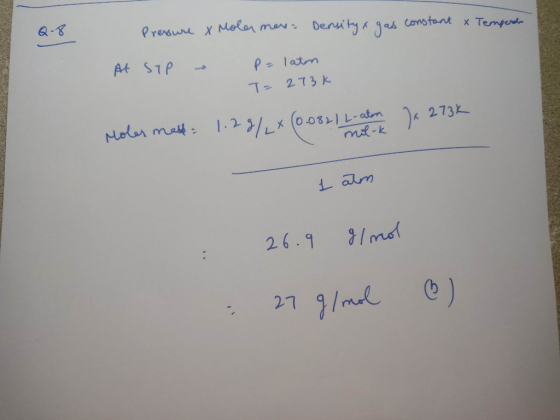 Temperole Q-8 Pressure & Molarmen. Density & gas constant & At Sep - P= laten T= 273k Holes made: 1.29/L* (0.0821 L-atoma la