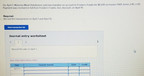 On April 1, Moloney Meat Distributors sold merchandise on account to Fronkes Franks for $1.200 on Invoice 1001, terms 2/10,