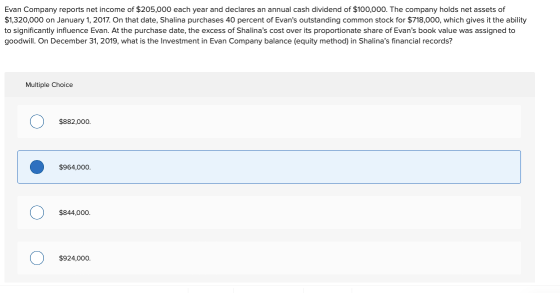 Evan Company reports net income of $205,000 each year and declares an annual cash dividend of $100,000. The company holds net
