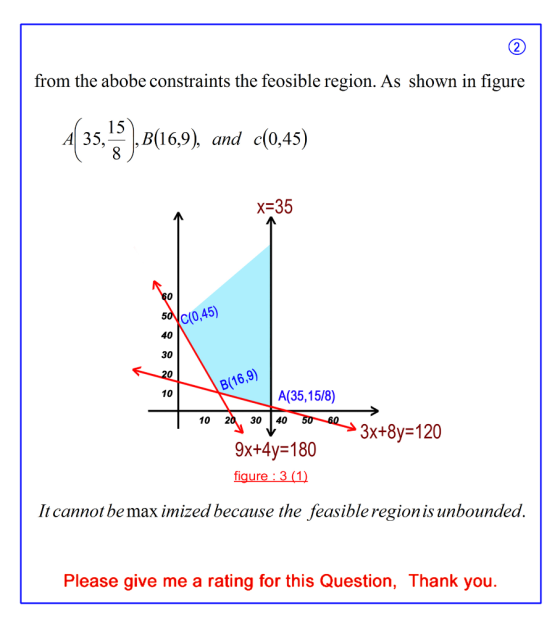 from the abobe constraints the feosible region. As shown in figure 135,13), B(16,9), and c(0,45) x=35 50 c(0,45) B(16,9) A(35