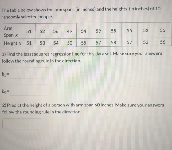 The table below shows the arm spans (in inches) and the heights (in inches) of 10 randomly selected people. 52 56 49 54 59 58