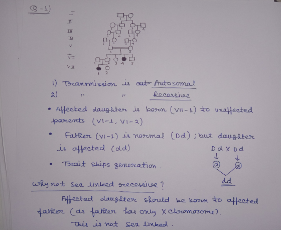 1) Transmission is out Autosomal a) , Recersive • Affected daughter is born (vil-l) to unaffected parents (VL-, VI-2) • fathe
