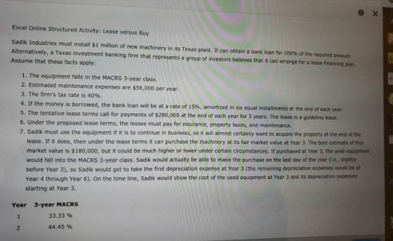 Excel Online Structured Activity: Lease versus Buy Sadik Industries must install $1 million of new machinery in its Texas pla