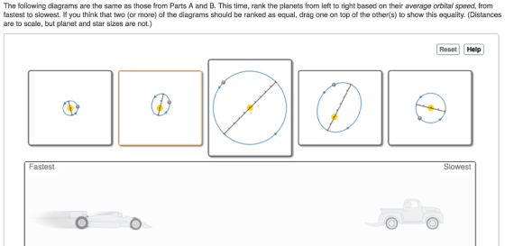 The following diagrams are the same as those from Parts A and B. This time, rank the planets from left to right based on their average orbital speed, from fastest to slowest. If you think that two (or more) of the diagrams should be ranked as equal, drag one on top of the other(s) to show this equality. (Distances are to scale, but planet and star sizes are not.) Reset Help Fastest Slowest