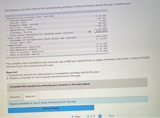 The following cost data relate to the manufacturing activities of Chang Company during the just completed year: $ 16,300 143,
