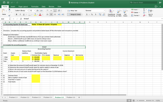 Workshop 5 Problems Student Q Search Sheet E 2 A Z OBOU Home Insert Page Layout Formulas Data Review View , Calibri (Body)