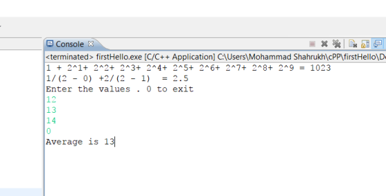 Console X terminated> firstHello.exe [C/C++ Application] CAUsers)Mohammad Shahrukh) cPP\firstHello D 1/ (2-0) +2/(2-1) = 2.5