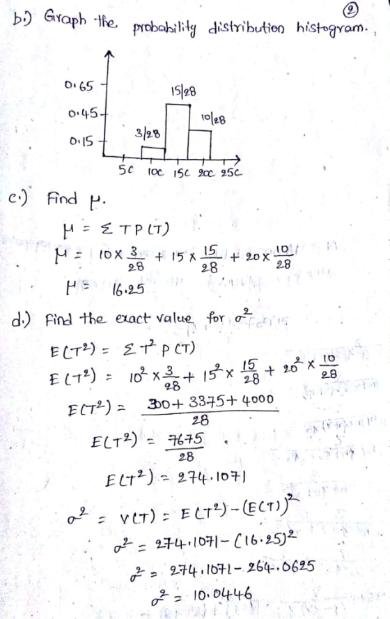 B9 enYaph.fe· probability distribution histogram 0 65 o.45 o IS c) find H - Ioxi3 28 = 16-25 d) pnl the exact value for 28 28 271t 1671-264-0625 og = 10.0446