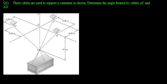 Q2) Three cables are used to support a container as shown. Determine the angle formed by cables AC and AD. 0.361 0.56 m 0 0.5