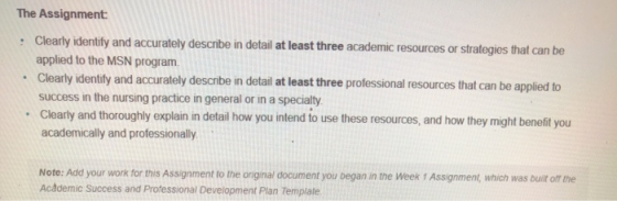 The Assignment: • Clearly identify and accurately describe in detail at least three academic resources or strategies that can