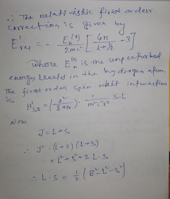 .: The relativestic first order Correction is given by Where I Col is the unperfurbed energy levels in the hydrogen atom. The