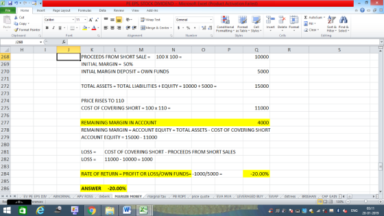 Home nert Page Layout Formulas Data Review View dd-Ins as Cut aCopy Σ AutoSum ー E ゴWrap Text B า 프 . Ej-., Δ. : r_一 逻锂函Merge & Center. $, % , 弼,8 Conditional Format CeInsert Delete Format Formatting as Table Styles2 Clear Sort &Find & Format Painter Clipboard Alignment Number Cells Edting 268 268 269 270 271 272 273 274 275 276 277 278 279 280 281 282 283 284 285 286 4 EV PE EPS DIV ABNORMAL APV ROSS deberk MARGIN MONEY PROCEEDS FROM SHORT SALE = 100 X 100 INITIAL MARGIN-50% INTIAL MARGIN DEPOSIT OWN FUNDS 10000 5000 TOTAL ASSETS TOTAL LIABILITIES + EQUITY 10000 + 5000 = 15000 PRICE RISES TO 110 COST OF COVERING SHORT-100x110 11000 4000 REMAINING MARGIN IN ACCOUNT REMAINING MARGIN = ACCOUNT EQUITY = TOTAL ASSETS-COST OF COVERING SHORT ACCOUNT EQUITY 15000 11000 LOSSCOST OF COVERING SHORT - PROCEEDS FROM SHORT SALES LOSS = 11000-10000 = 1000 RATE OF RETURN-PROFIT OR LOSS/OWN FUNDS=-1000/5000 = 20.00% ANSWER -20.00% al tax . PB ROPİ eEVA MVA LEVERAGED BUY SWAP distress BRIGHAN CAP GAINm 03:11 28-01-2019