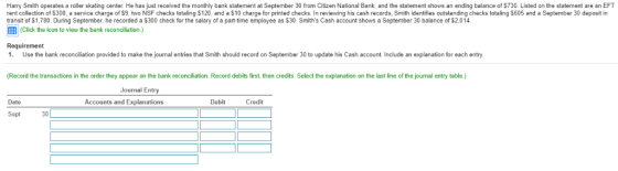 Harry Smith operates a roller skating center. He has just received the monthly bank statement at September 30 from Citizen Na