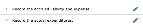 1 Record the accrued liability and expense. 2 Record the actual expenditures.